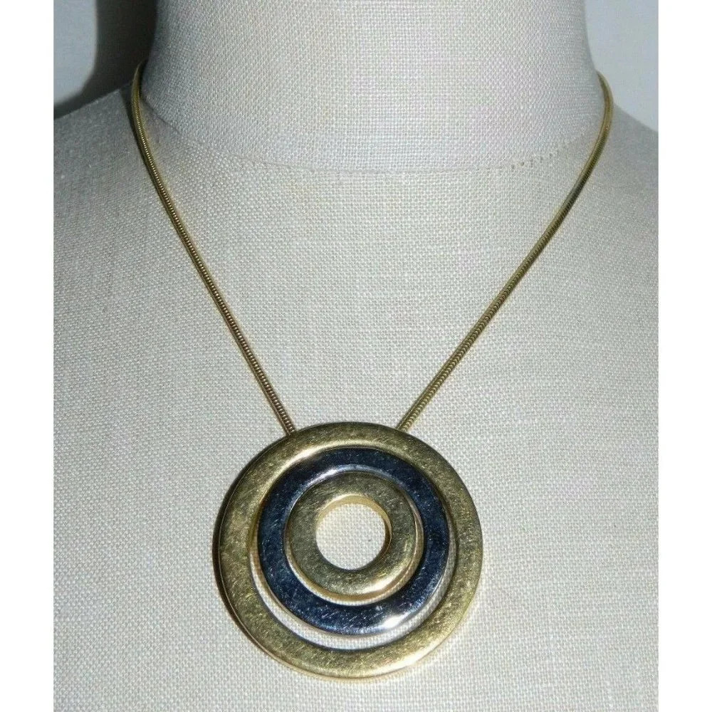 VTG CROWN TRIFARI Dual Tone Medallion Circle Modernist Pendant Necklace